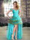 High Low Aqua Blue Red Carpet Gowns Organza Sleeveless Beading and Ruffled Layers