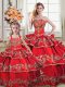Red Satin and Organza Lace Up Sweetheart Sleeveless Floor Length Quinceanera Dress Embroidery and Ruffled Layers