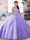 Suitable Beading Ball Gown Prom Dress Lavender Lace Up Sleeveless Brush Train