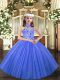Customized Blue Ball Gowns Halter Top Sleeveless Tulle Floor Length Lace Up Appliques Little Girls Pageant Gowns