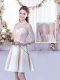 Champagne A-line High-neck Half Sleeves Satin Mini Length Lace Up Lace and Belt Wedding Guest Dresses