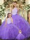 Trendy Sleeveless Tulle Floor Length Backless Ball Gown Prom Dress in Lavender with Ruffles