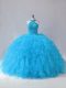 Custom Designed Sleeveless Tulle Floor Length Lace Up Quince Ball Gowns in Blue with Beading and Ruffles