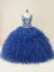 Navy Blue Ball Gowns Tulle V-neck Sleeveless Embroidery and Ruffles Floor Length Backless Sweet 16 Quinceanera Dress