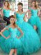 Best Selling Tulle Off The Shoulder Sleeveless Lace Up Beading and Ruffles Sweet 16 Dresses in Aqua Blue