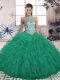 Tulle Halter Top Sleeveless Lace Up Beading and Ruffles Quinceanera Gowns in Turquoise
