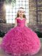 Fuchsia Ball Gowns Fabric With Rolling Flowers Straps Sleeveless Beading and Ruching Floor Length Lace Up Kids Formal Wear