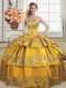 Graceful Gold Ball Gowns Sweetheart Sleeveless Satin and Organza Floor Length Lace Up Embroidery and Ruffled Layers Sweet 16 Dress
