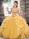 Floor Length Lace Up Quince Ball Gowns Gold for Military Ball and Sweet 16 and Quinceanera with Beading and Ruffles