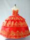 Red Satin and Organza Lace Up Sweetheart Sleeveless Floor Length Quinceanera Dresses Embroidery and Ruffled Layers