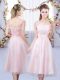 Baby Pink Lace Up Sweetheart Lace and Belt Bridesmaid Dress Tulle Short Sleeves