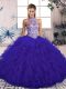 Inexpensive Tulle Halter Top Sleeveless Lace Up Beading and Ruffles Sweet 16 Dress in Purple