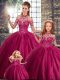 Nice Fuchsia Ball Gowns Beading Quince Ball Gowns Lace Up Tulle Sleeveless
