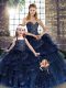 Exquisite Navy Blue Ball Gowns Beading and Ruffles Vestidos de Quinceanera Lace Up Tulle Sleeveless Floor Length