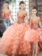 Deluxe Peach Three Pieces Off The Shoulder Sleeveless Organza Brush Train Lace Up Beading and Ruffled Layers Quince Ball Gowns