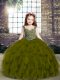 High End Floor Length Olive Green Glitz Pageant Dress Tulle Sleeveless Beading and Ruffles