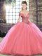 Super Sleeveless Beading Lace Up 15th Birthday Dress with Watermelon Red Brush Train