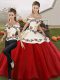 Two Pieces 15 Quinceanera Dress White And Red Off The Shoulder Organza Sleeveless Floor Length Lace Up