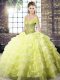 High Class Yellow Lace Up Quinceanera Dresses Beading and Ruffled Layers Sleeveless Brush Train