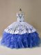 Custom Designed Satin and Organza Sweetheart Sleeveless Brush Train Lace Up Embroidery and Ruffles Sweet 16 Quinceanera Dress in Blue And White