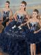 Fantastic Navy Blue Ball Gowns Embroidery and Ruffles 15th Birthday Dress Lace Up Satin and Organza Sleeveless High Low