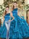 Modern Teal Two Pieces Ruffles Quinceanera Dresses Lace Up Organza Sleeveless Floor Length