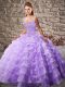 Lavender Quinceanera Gowns Organza Court Train Sleeveless Beading and Ruffled Layers