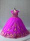 Sleeveless Tulle Court Train Lace Up Quinceanera Gown in Fuchsia with Beading and Appliques