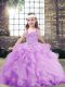 Lavender Tulle Lace Up Straps Sleeveless Floor Length Little Girl Pageant Gowns Beading and Ruffles