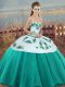 Pretty Embroidery and Bowknot Quinceanera Gown Turquoise Lace Up Sleeveless Floor Length