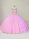 Sophisticated Tulle Scoop Sleeveless Lace Up Beading 15th Birthday Dress in Pink