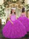 Lovely Floor Length Fuchsia Child Pageant Dress Tulle Sleeveless Beading and Ruffles