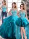 Best Aqua Blue Three Pieces Tulle Scoop Sleeveless Beading and Ruffles Floor Length Lace Up Quinceanera Gowns