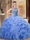 Latest Blue Ball Gowns Scoop Sleeveless Organza Floor Length Lace Up Beading and Ruffles Quinceanera Dresses