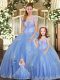 Sleeveless Floor Length Beading and Appliques Lace Up Quinceanera Dresses with Light Blue