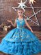Customized Straps Sleeveless Pageant Gowns For Girls Floor Length Embroidery and Ruffled Layers Baby Blue Satin and Organza