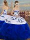 Sexy Sleeveless Tulle Floor Length Lace Up Quince Ball Gowns in Royal Blue with Embroidery and Ruffles and Bowknot