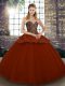 Luxury Rust Red Ball Gowns Sweetheart Sleeveless Tulle Floor Length Lace Up Beading and Appliques Sweet 16 Dresses