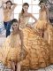 Shining Sleeveless Beading and Ruffled Layers Lace Up Quince Ball Gowns with Gold Brush Train