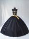 Sleeveless Tulle Floor Length Lace Up Sweet 16 Dress in Black with Appliques