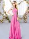 Rose Pink Chiffon Zipper One Shoulder Sleeveless Floor Length Quinceanera Court of Honor Dress Beading