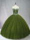 Customized Sleeveless Floor Length Beading Lace Up Ball Gown Prom Dress with Olive Green