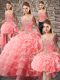 Watermelon Red Lace Up Quinceanera Dresses Beading and Ruffled Layers Sleeveless Court Train