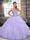 Lace Up Sweet 16 Dresses Lavender for Military Ball and Sweet 16 and Quinceanera with Beading and Ruffled Layers Brush Train