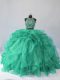 Sleeveless Beading and Ruffles Backless Sweet 16 Dress with Turquoise Brush Train