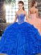 Royal Blue Sweetheart Lace Up Beading and Ruffles Quinceanera Gown Sleeveless