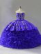 Glorious Purple Fabric With Rolling Flowers Lace Up Sweetheart Sleeveless Floor Length Quinceanera Dress Brush Train Embroidery and Ruffles
