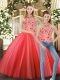 Coral Red Tulle Lace Up Halter Top Sleeveless Floor Length Quinceanera Dress Embroidery