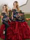 Floor Length Lace Up Sweet 16 Dresses Red And Black for Military Ball and Sweet 16 and Quinceanera with Embroidery and Ruffles