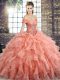 Stylish Peach Organza Lace Up Off The Shoulder Sleeveless Quinceanera Gown Brush Train Beading and Ruffles